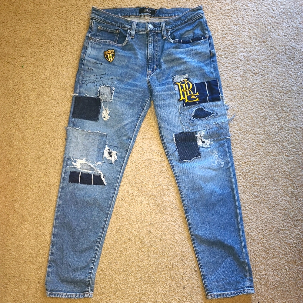 Women's Relaxed Taper Comfort Stretch Distressed Jeans In Blue & Multi